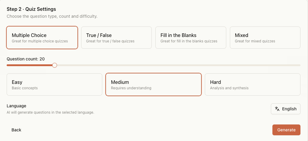 Customize generation with Quiz Settings